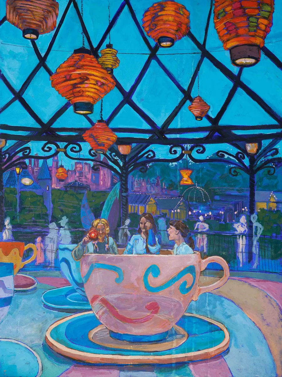 Painting of a teacup ride beneath hanging paper lanterns