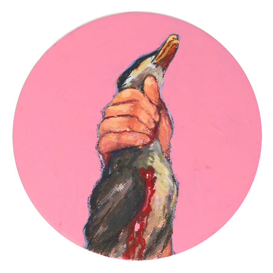 Round painting of a hand holding a bird upside down against pink