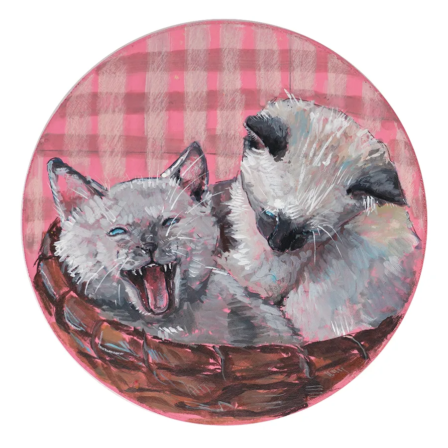 Round painting of two Siamese kittens in a basket on pink gingham