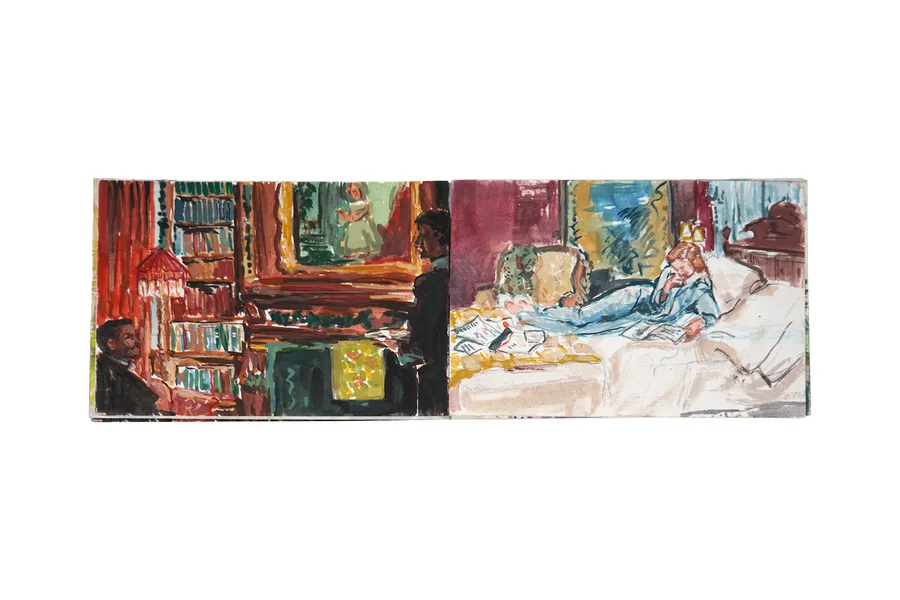Two small paintings of interiors: a library, and a woman reclining