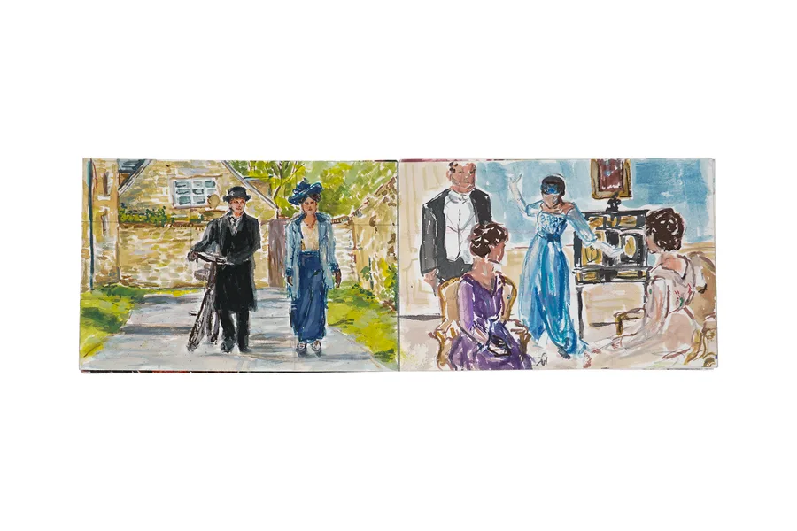 Two small paintings of Edwardian figures outdoors