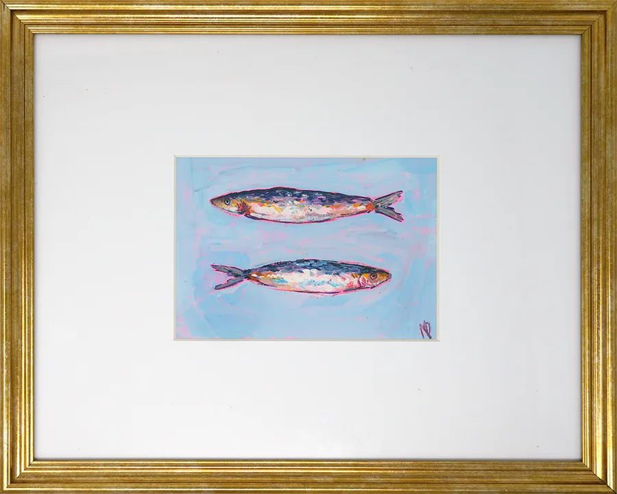Framed painting of two sardines on pale blue