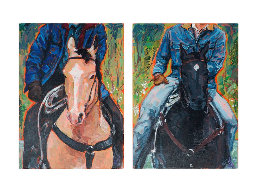 Pair of paintings of riders on a palomino and a black horse