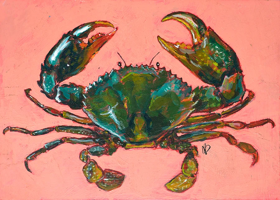 Painting of a green crab on a coral pink background
