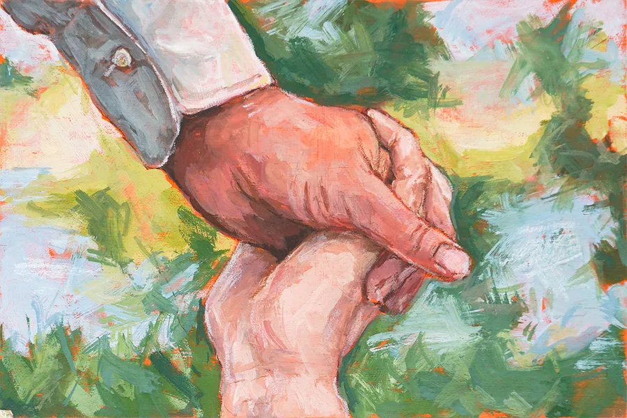 Painting of two clasped hands against a blurred green garden