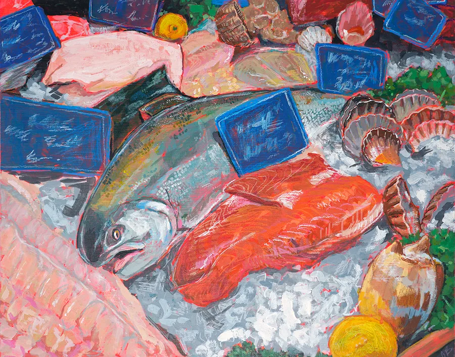 Painting of a fish market display: salmon, fillets and shellfish on ice among price tags