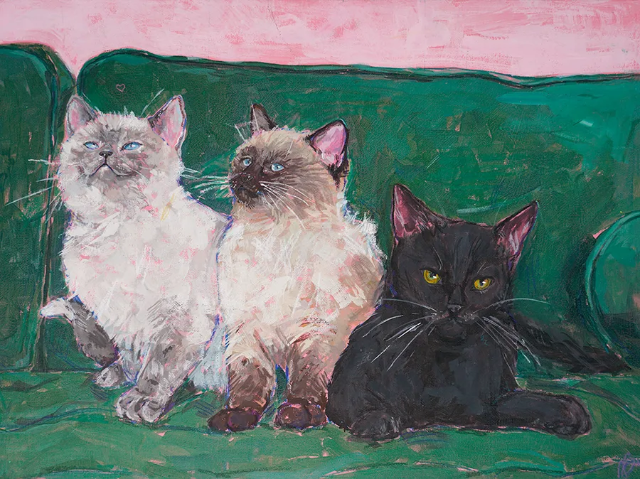 Painting of three cats, two Siamese kittens and a black cat, on a green sofa