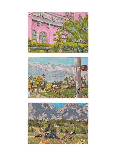 Three small landscape paintings: a pink building behind palms, a road below mountains, and horses grazing beneath peaks
